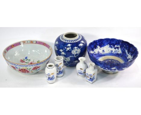 A small Chinese famille rose punch bowl decorated with sprays of peony, about 23 cm diameter, Yongzheng/Qianlong; a blue and 