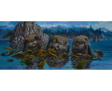 Robert Lyn Nelson -  'See, hear, speak no evil', acrylic on panel, signed lower left and dated 1999 on reverse, 43 x 98 cm