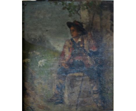 Continental school - Portrait of a seated young alpine goat herder, mid 19th century, oil on panel, bears monogram, 16.5 cm x