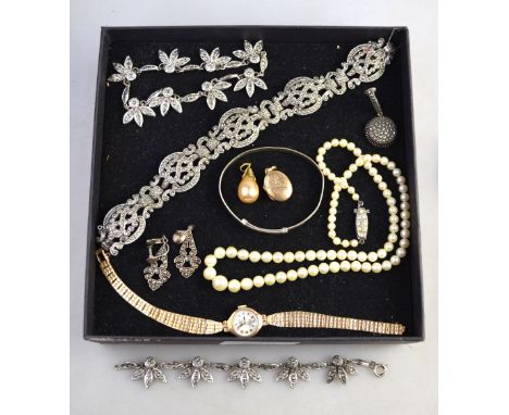 A single row graduated cultured pearl necklace, on paste set snap stamped silver, marcasite set bracelet, marcasite necklace,