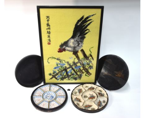 Two Asian, circular ceramic sets for side dishes, comprising: a Satsuma (or other Japanese) set of seven dishes, possibly for