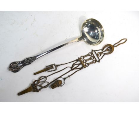 An epns chatelaine with equine theme, modelled with horseshoe, bit and other motifs, the whistle/thimble holder containing a 