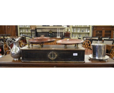 A set of French grocer's scales, to/w an electro plated hot-water jug, biscuit barrel and three copper items