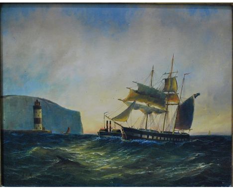 A Hulk - Marine scene with boats and lighthouse, oil on panel, signed lower left, 19 x 24 cm