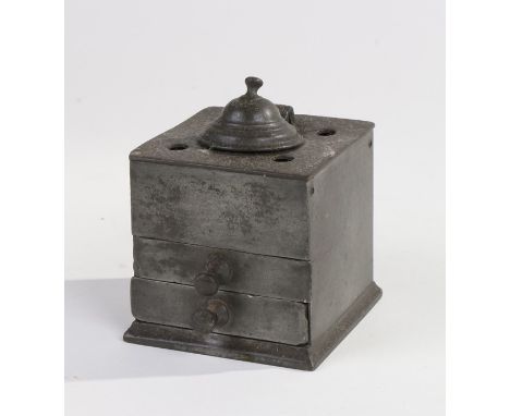 19th Century pewter inkwell, of square form, with hinged circular lid above two drawers, 8cm wide
