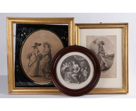 Three 19th Century prints, The Harvest girl, a circular print of classical figures, and another of two ladies walking and car