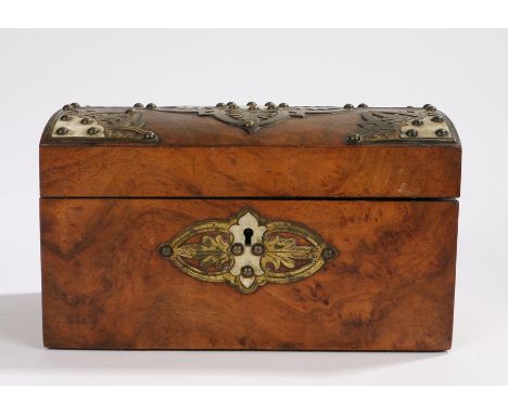Victorian walnut and gilt brass bound tea caddy, the slightly arched top with gothic style arched gilt brass mounts opening t