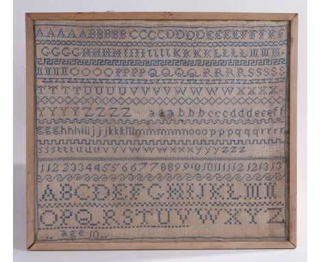 19th Century needlework sampler, embroidered with the alphabet, by Harriet Foxall? aged 10, 44.5cm wide x 39cm high, housed w