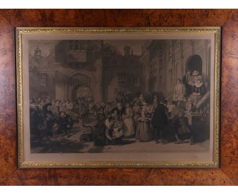 Victorian burr oak picture frame, housing a black and white print 'Coming of Age In The Olden Time', with a gilt surround, 12