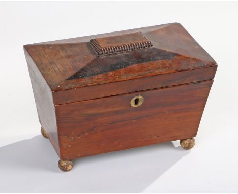 Victorian rosewood sarcophagus shaped tea caddy, raised on four gilded ball feet, 20cm wide