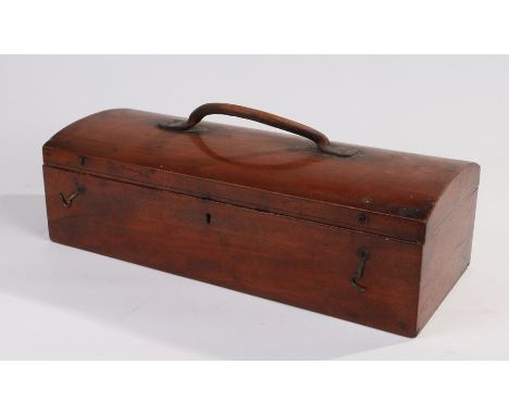 Victorian mahogany domed top box, the hinged lid (AF) with leather carrying handle, opening to reveal a two section interior 