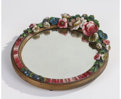 1930's Barbola easel mirror, the floral garland above a circular bevelled glass mirror, 24cm diameter