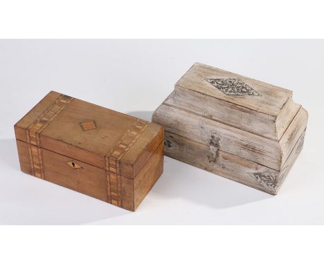 Victorian walnut tea caddy, with inlaid hinged lid together with a modern Eastern type trinket box, (2)