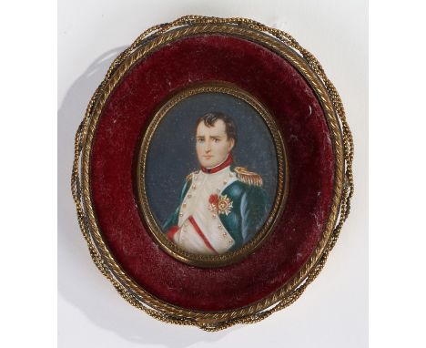 Hand painted portrait miniature depicting Napoloen Bonaparte, housed within a gilt metal frame with velvet surround, unsigned