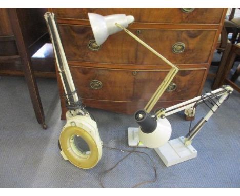 A 1930s Herbert Terry anglepoise lamp in a two tone colour with silver coloured metallic shade, together with two other vinta