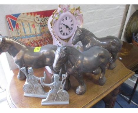 A Coronation pop up book, a mid 20th century pink ceramic mantle clock, three china models of shire horses, A/F and a pair of