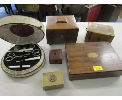 A selection of wooden and brass boxes to include a Chinese brass box with inset medallion jade plaque, a dressing table manic