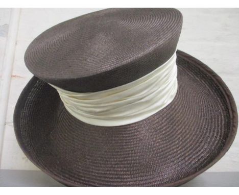 Peter Bettley - a ladies formal brown rimmed hat with a cream silk band together with Peter Bettley - a ladies formal cream h