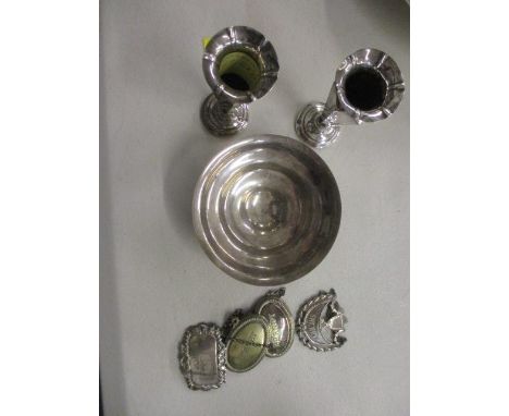 Silver and silver plate to include a pair of silver vases, a silver bowl and decanter labels 