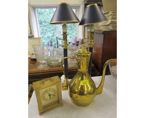 A Turkish brass coffee pot, a Staiver quartz mantle clock and a pair of table lamps 