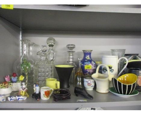 A mixed lot of ceramics, glassware and collectibles to include a paper mache snuff box fashioned as a shoe, decanters, vases 