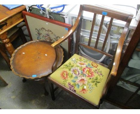 A Georgian mahogany tapestry seated carver chair, together with a walnut occasional table and a firescreen 