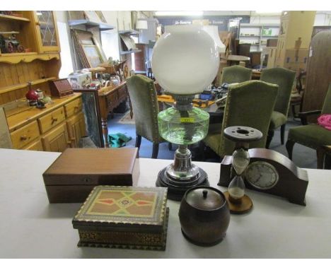 Collectibles to include an Edwardian mahogany writing slope, a games box, a clock, an oil lamp and other items 