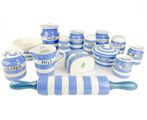 T G Green Cornishware. Including sago with associated lid, custard powder with lid, carbonate of soda with lid, baking powder