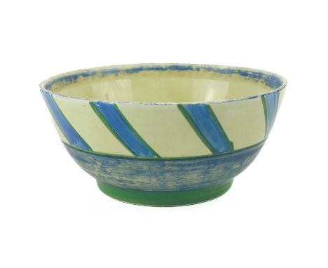 An early Clarice Cliff Bizarre Newport Pottery bowl. Decorated with geometric design in blue and green, handwritten Bizarre N