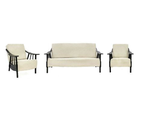 A mid-century black painted and upholstered three-piece suite. With bobbin turned supports and legs, the settee height 79cm, 