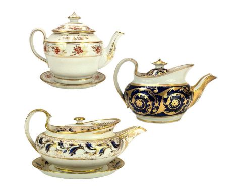 A New Hall or Keeling oval porcelain teapot, cover, and stand. Circa 1800, with flower painted and gilt decoration, pattern n