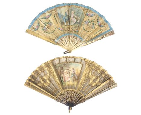 An Italian tortoiseshell fan. 19th century, the gauze leaf with a painted panel of a lady at an embroidery frame, signed M Ve