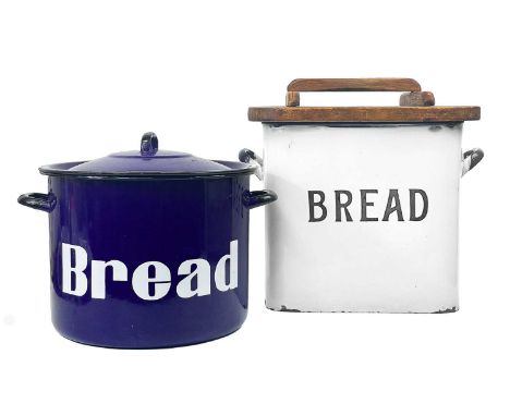 An enamel bread bin with a rustic elm cover.  Height 37cm together with another circular enamel bread bin. (2)