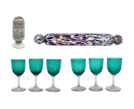 A set of six Victorian green bowled wine glasses. Height 13cm, together with a Nailsea type glass rolling pin, and an Alum Ba