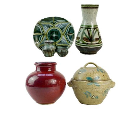 A collection of studio pottery.  To include; A Dartington pottery vase, height 22cm, a studio pottery twin handled lidded pot