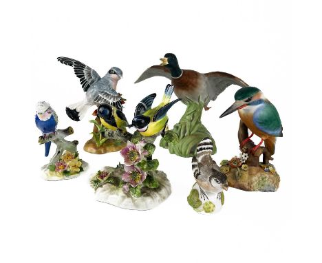 A collection of six hand painted ceramic birds.  To include a spode pottery Mallard duck, height 16cm, a Royal crown derby Ki