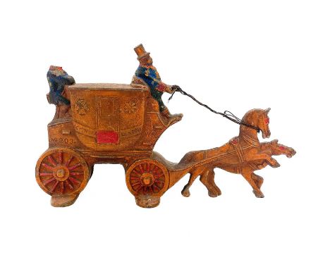A cast iron Devonport to London stagecoach doorstop. Height 18cm, Length 30cm, together with a Leffe beer sand timer, height 