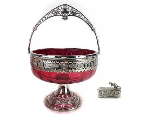 A German WMF cranberry glass fruit bowl. Height 29cm, together with a E.P.B.M 'Ladies Friend' pin box with a kangaroo decorat