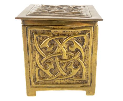 An Arts and Crafts brass trinket box. Perhaps Glasgow, repousse decorated with entwined Celtic style decoration, height 9cm, 