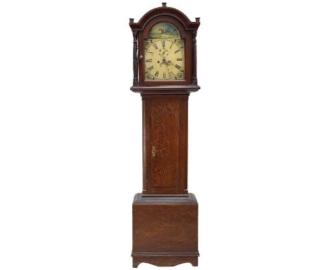 A Victorian eight-day longcase clock.  Contained in a scumbled pine case, the arch painted with a hunting scene, with a 30cm 