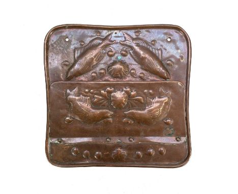 A Newlyn copper letter/wall rack. Repousse decorated with fish, shells, and seaweed, unmarked, 19cm square.There is a small f