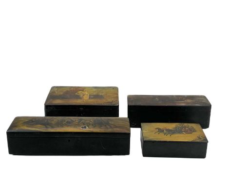 A group of four Russian lacquer boxes. 19th century, three painted with Troika scenes, the other with a couple in a landscape