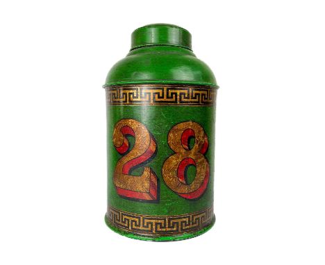 A large tin display tea caddy. In green number '28' and greek key borders, height 45cm diameter 26cm