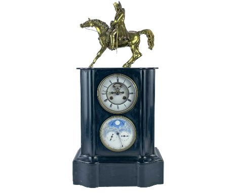 A French black slate perpetual calendar clock surmounted by an ormolu figure of Napoleon. Circa 1880, the figure on horseback