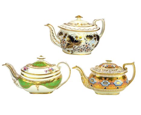 A Ridgway porcelain teapot and cover. Circa 1820, of London shape, the apple green and gilt ground with floral corners, heigh