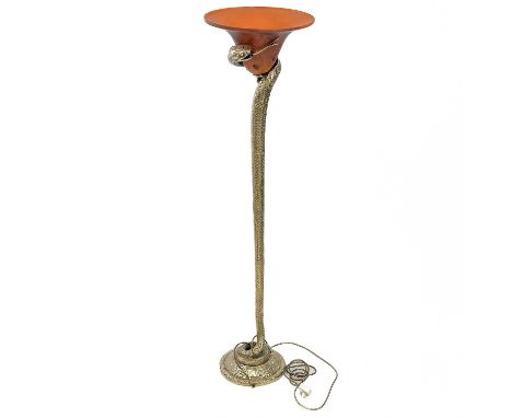 A French brass standard lamp, after a design by Edgar Brandt. Cast as a snake with a Verre De Francais mottled glass shade, h