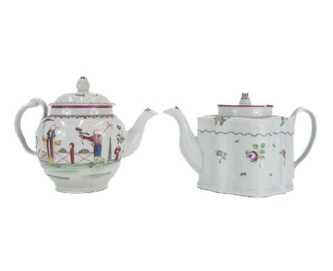 A New Hall hard paste porcelain globular teapot and cover. Polychrome painted with Chinese style figures in a garden, height 