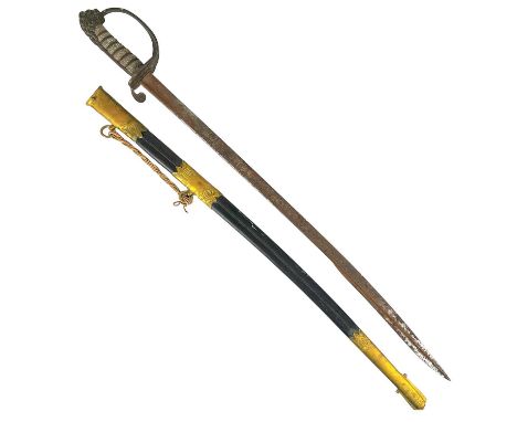 A George VI Naval Officer's dress sword. The brass hilt with folding side guard and fishskin grip, in a brass mounted leather