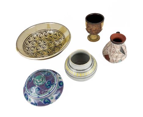 A collection of studio pottery.  To include a Poole pottery jug, signed Guy Sydenham, height 12cm, a bowl, signed to base, di