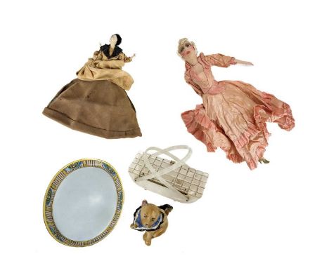 A Lucite handbag.  With clear lid and cream marble effect body, on four ball feet, height including handles 24cm; Together wi